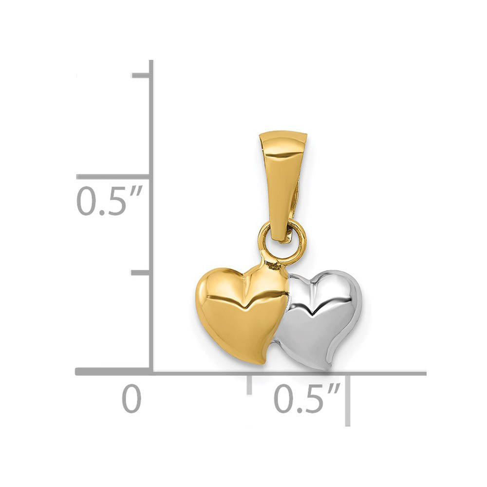Alternate view of the 14k Yellow Gold with White Rhodium Hollow Two Heart Pendant, 10mm by The Black Bow Jewelry Co.