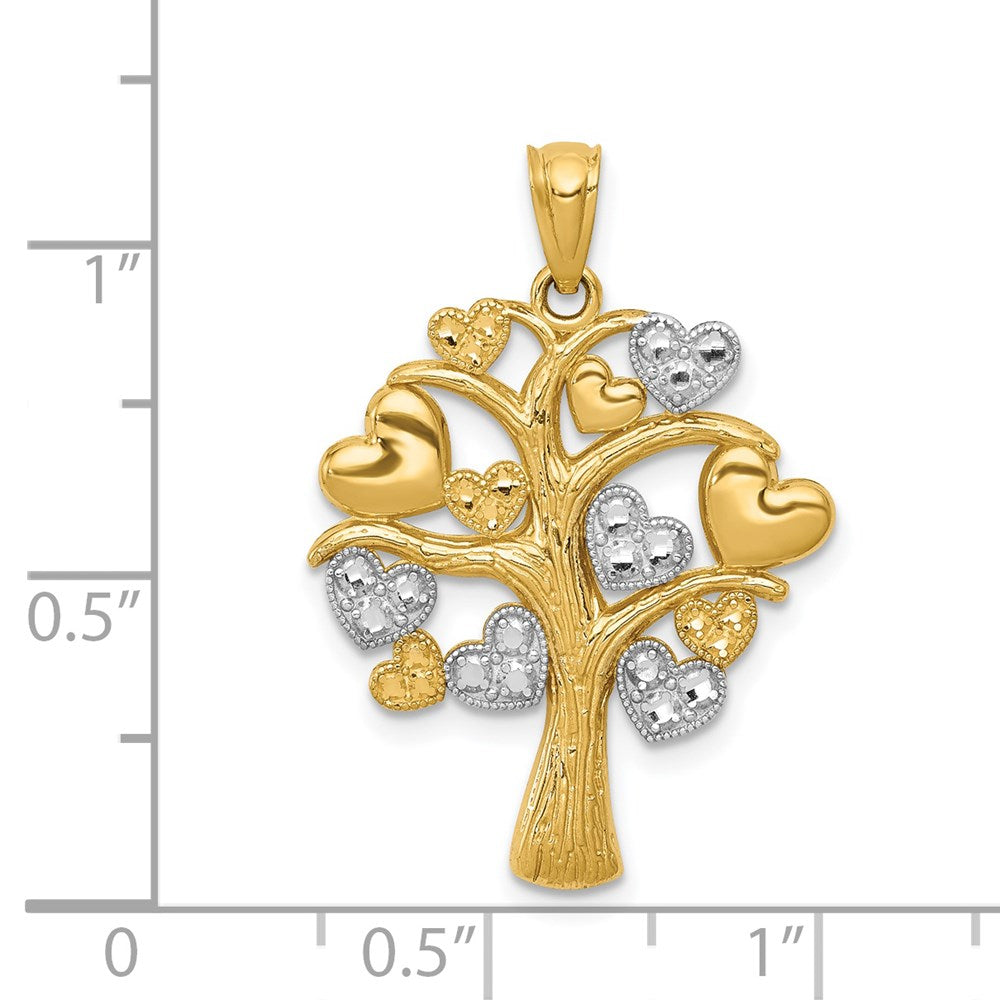 Alternate view of the 14k Yellow Gold and White Rhodium Tree of Life Hearts Pendant, 20mm by The Black Bow Jewelry Co.
