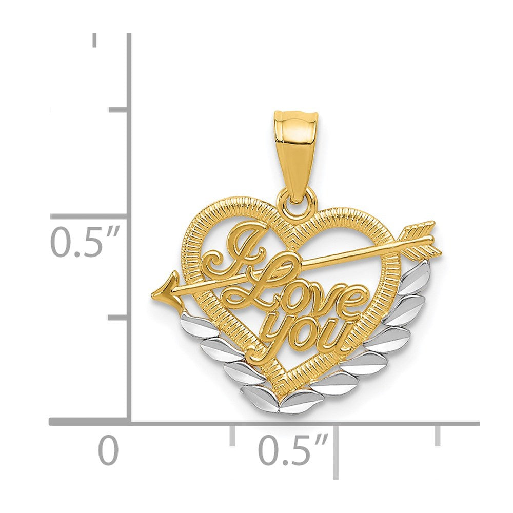 Alternate view of the 14k Yellow Gold and White Rhodium I Love You Heart Pendant, 17mm by The Black Bow Jewelry Co.
