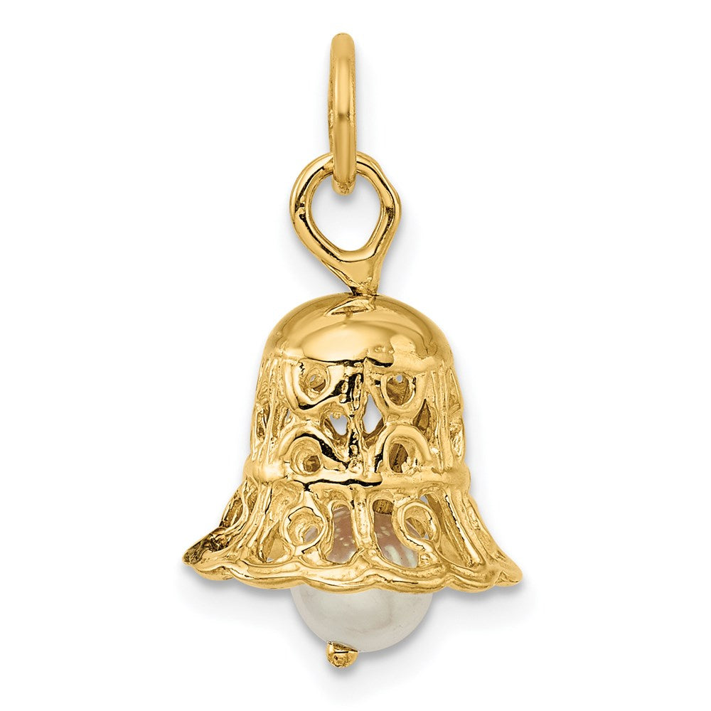 Alternate view of the 14k Yellow Gold & FW Cultured Pearl 3D Wedding Bell Pendant, 12mm by The Black Bow Jewelry Co.