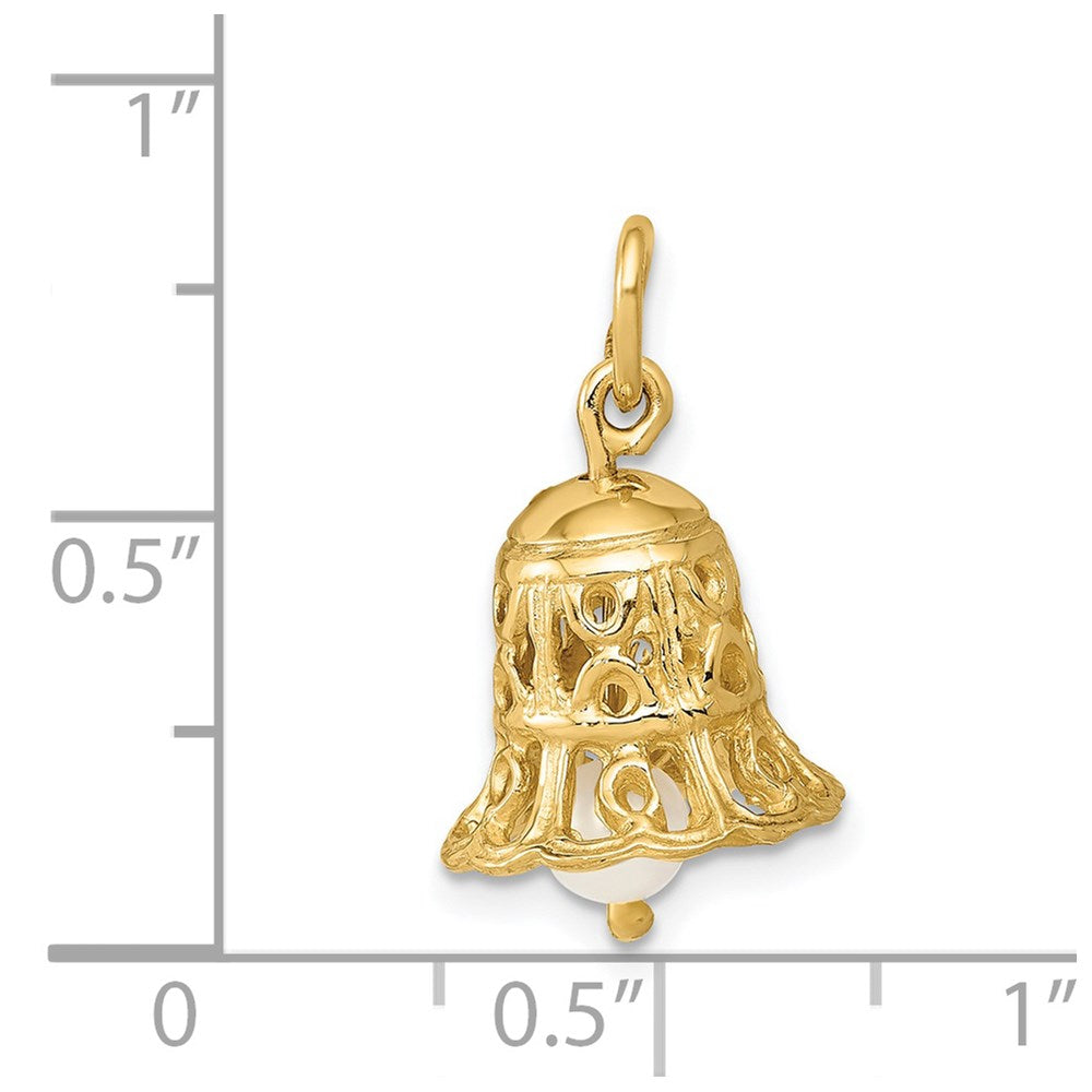 Alternate view of the 14k Yellow Gold & FW Cultured Pearl 3D Wedding Bell Pendant, 12mm by The Black Bow Jewelry Co.