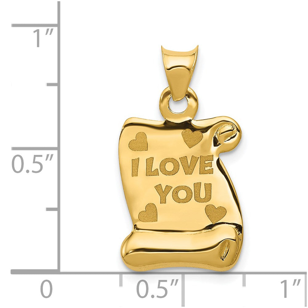Alternate view of the 14k Yellow Gold I LOVE YOU Scroll Page Pendant, 13mm by The Black Bow Jewelry Co.