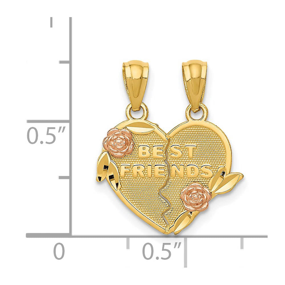 Alternate view of the 14k Two Tone Gold Best Friends Heart and Roses Set of 2 Pendants, 16mm by The Black Bow Jewelry Co.