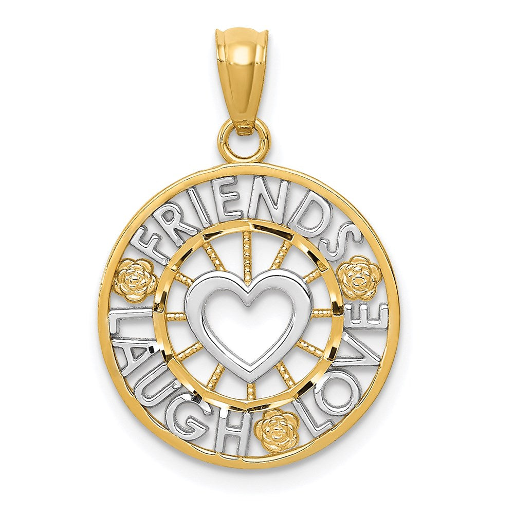 14k Yellow Gold & Rhodium Friends Laugh Love Circle Pendant, 16mm, Item P25984 by The Black Bow Jewelry Co.