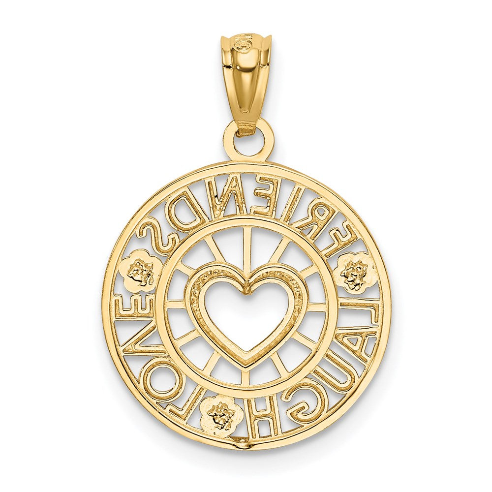Alternate view of the 14k Yellow Gold & Rhodium Friends Laugh Love Circle Pendant, 16mm by The Black Bow Jewelry Co.