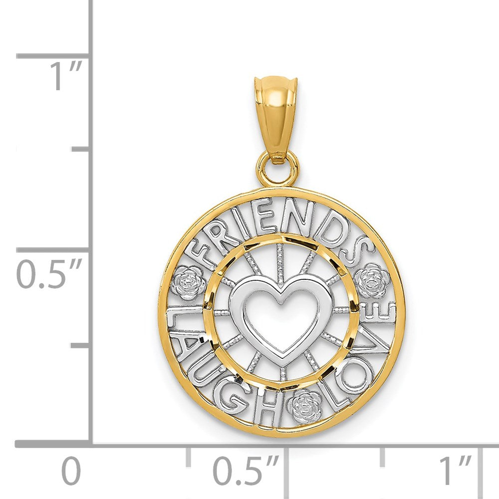 Alternate view of the 14k Yellow Gold & Rhodium Friends Laugh Love Circle Pendant, 16mm by The Black Bow Jewelry Co.