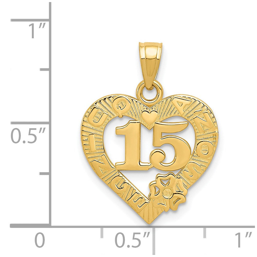 Alternate view of the 14k Yellow Gold 15 Inside Quince Anos Heart Frame Pendant, 16mm by The Black Bow Jewelry Co.