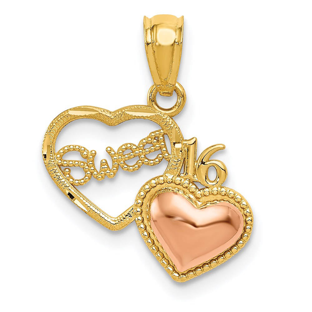 14k Yellow & Rose Gold Sweet 16 Double Heart Pendant, 15mm, Item P26009 by The Black Bow Jewelry Co.