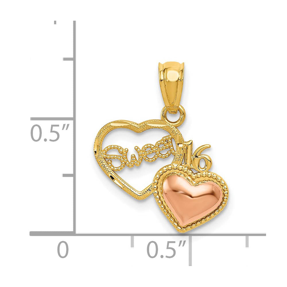 Alternate view of the 14k Yellow & Rose Gold Sweet 16 Double Heart Pendant, 15mm by The Black Bow Jewelry Co.