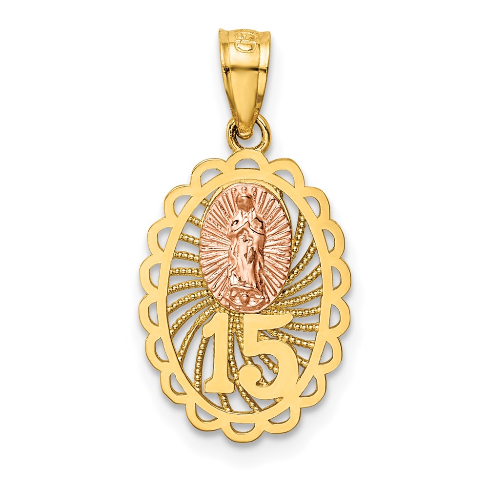 14k Two Tone Gold Sweet 15 Our Lady of Guadalupe Pendant, 10 x 23mm, Item P26012 by The Black Bow Jewelry Co.