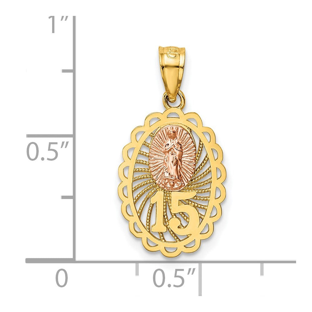 Alternate view of the 14k Two Tone Gold Sweet 15 Our Lady of Guadalupe Pendant, 10 x 23mm by The Black Bow Jewelry Co.