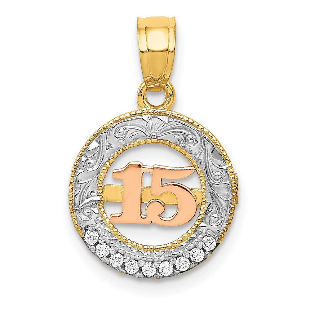 14k Two Tone Gold, White Rhodium & CZ Number 15 Circle Pendant, 12mm, Item P26014 by The Black Bow Jewelry Co.