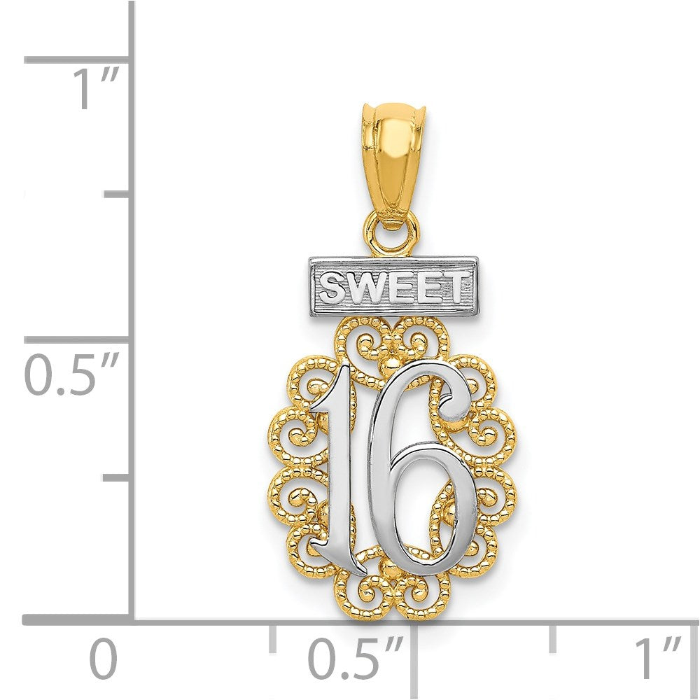 Alternate view of the 14k Yellow Gold and White Rhodium Filigree Sweet 16 Pendant, 11 x 23mm by The Black Bow Jewelry Co.