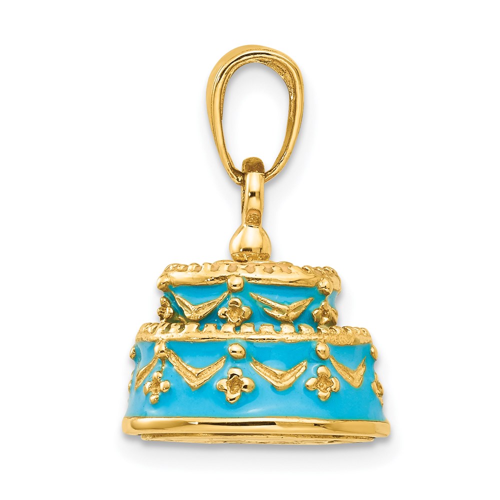 Alternate view of the 14k Yellow Gold Light Blue Enameled Happy Birthday Cake Pendant, 12mm by The Black Bow Jewelry Co.