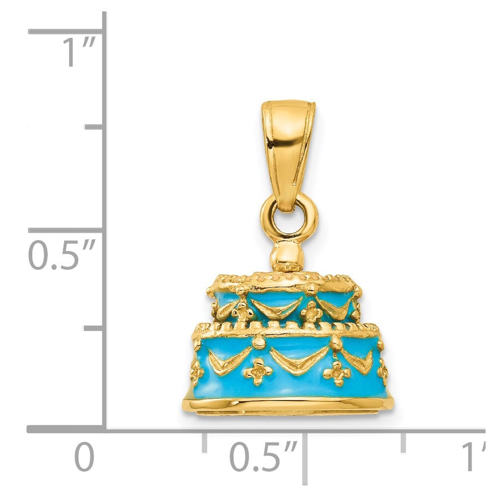 Alternate view of the 14k Yellow Gold Light Blue Enameled Happy Birthday Cake Pendant, 12mm by The Black Bow Jewelry Co.