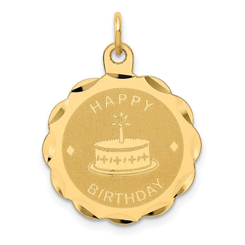 14k Yellow Gold Etched Happy Birthday Charm or Pendant, 20mm, Item P26047 by The Black Bow Jewelry Co.