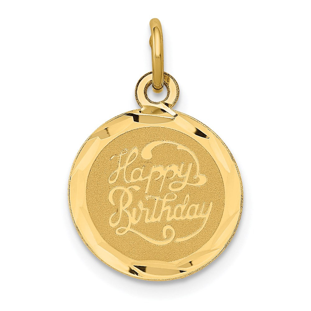 14k Yellow Gold Script Happy Birthday Disc Charm or Pendant, 13mm, Item P26051 by The Black Bow Jewelry Co.