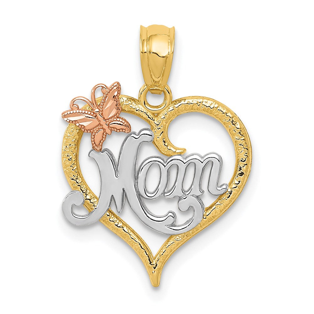14k Two Tone Gold and White Rhodium Mom Heart Butterfly Pendant, 15mm, Item P26070 by The Black Bow Jewelry Co.