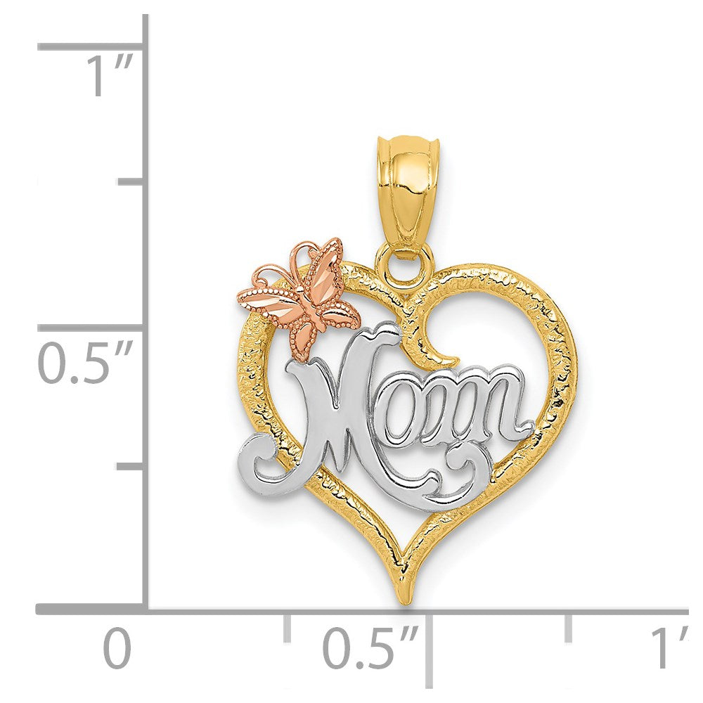 Alternate view of the 14k Two Tone Gold and White Rhodium Mom Heart Butterfly Pendant, 15mm by The Black Bow Jewelry Co.