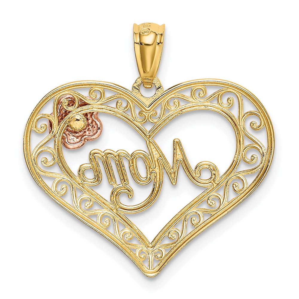 Alternate view of the 14k Two Tone Gold and White Rhodium Mom Heart with Rose Pendant, 22mm by The Black Bow Jewelry Co.