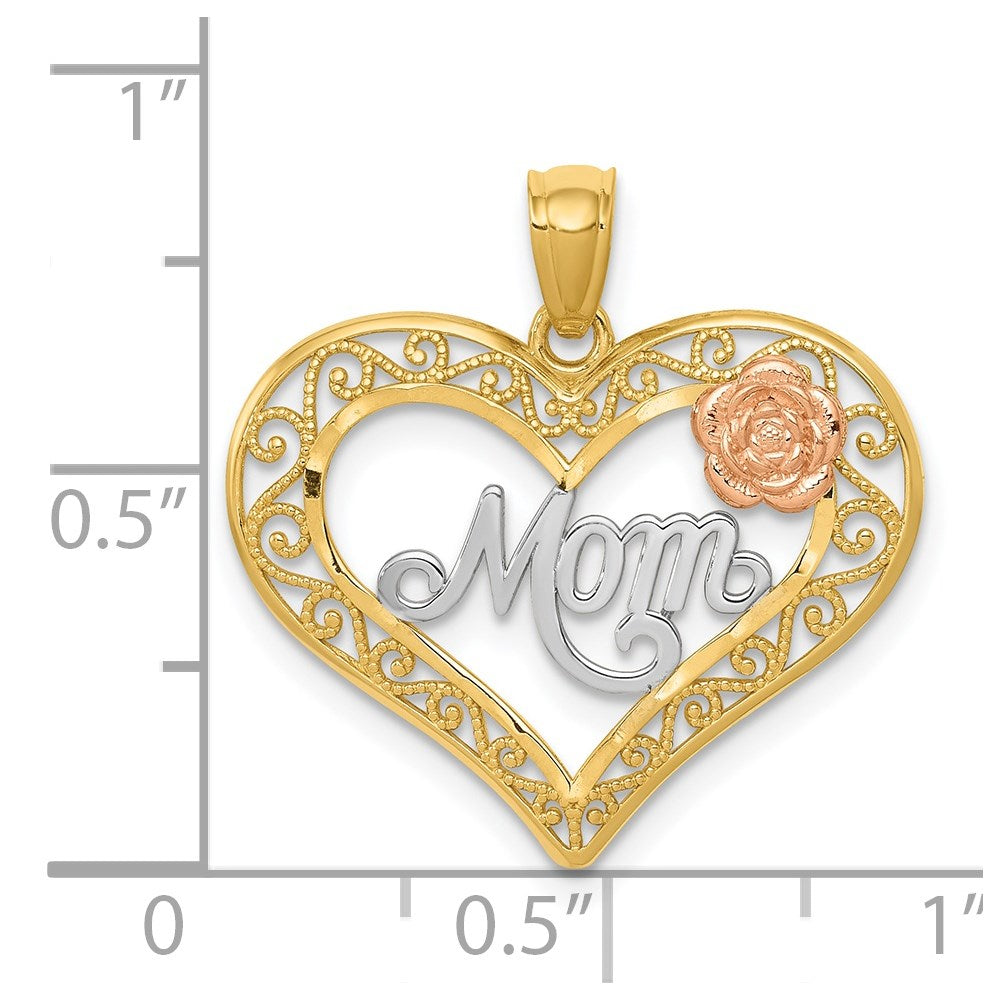 Alternate view of the 14k Two Tone Gold and White Rhodium Mom Heart with Rose Pendant, 22mm by The Black Bow Jewelry Co.