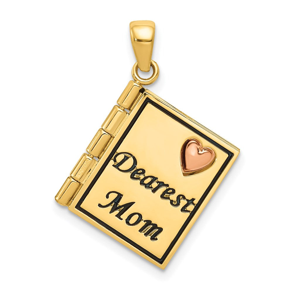 14k Yellow Gold and Rose Gold Dearest Mom Book Pendant, 20mm, Item P26114 by The Black Bow Jewelry Co.