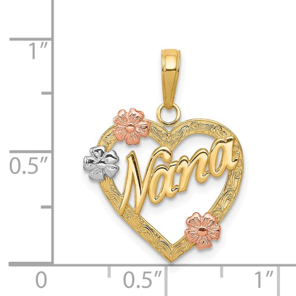 Alternate view of the 14k Tri Color Gold Floral Nana Heart Pendant, 17mm by The Black Bow Jewelry Co.