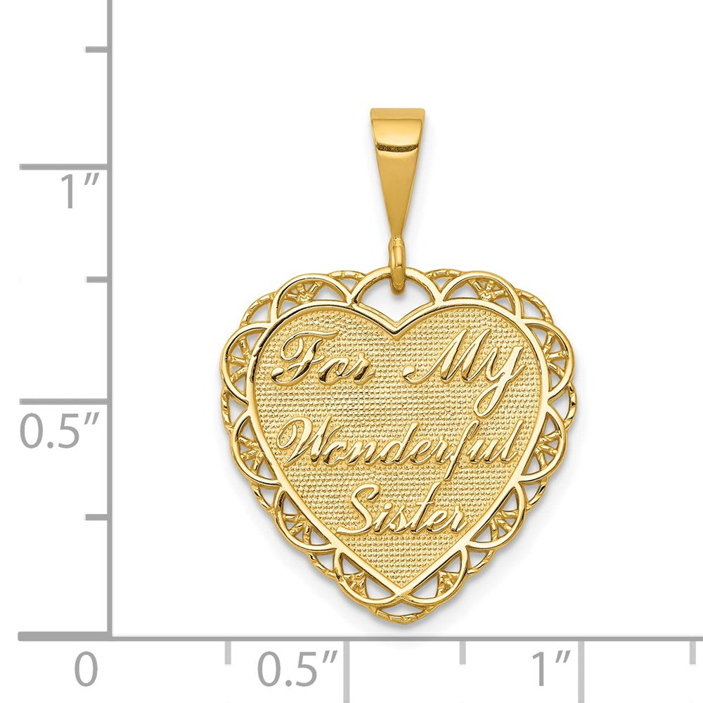 Alternate view of the 14k Yellow Gold For My Wonderful Sister Heart Pendant, 20mm by The Black Bow Jewelry Co.