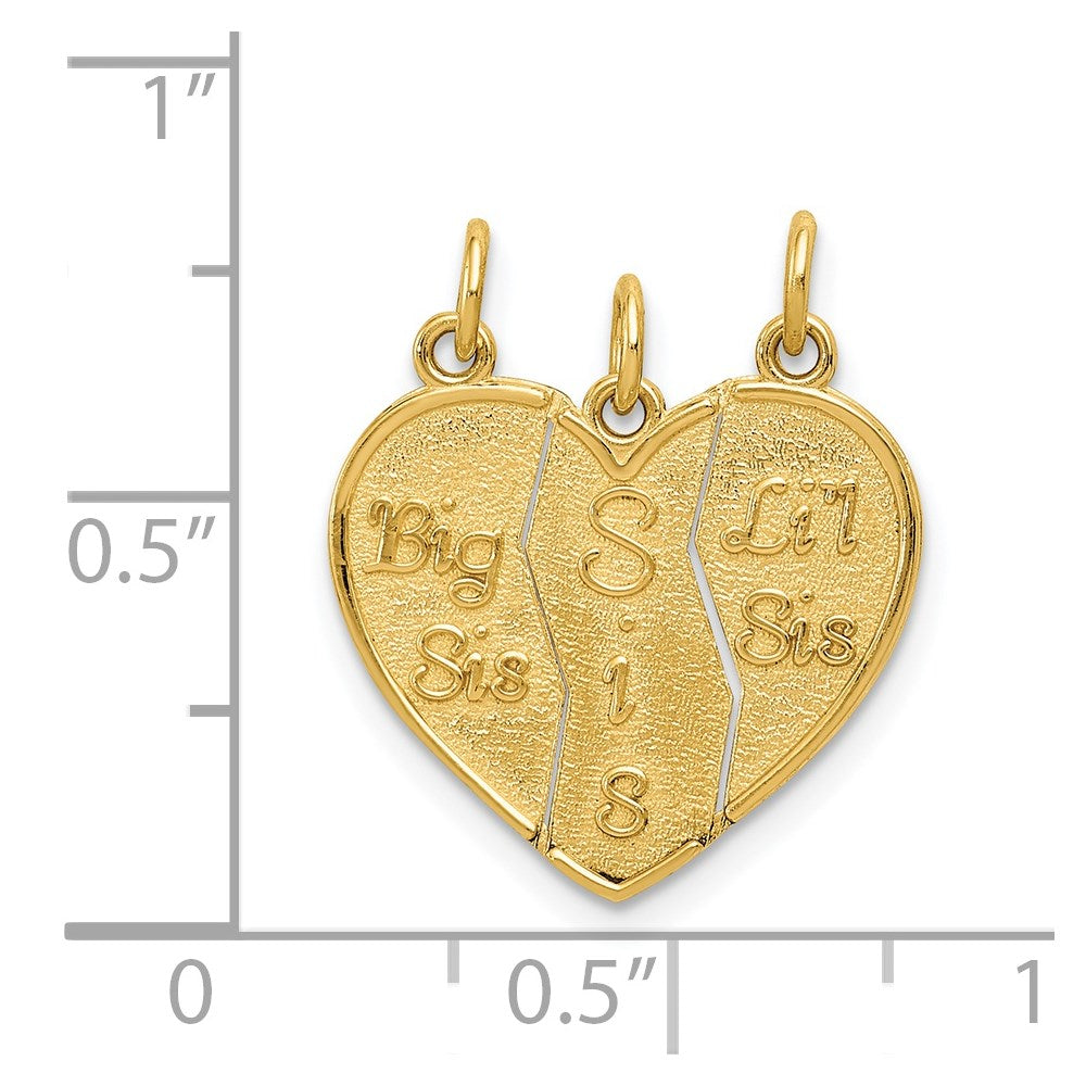 Alternate view of the 14k Yellow Gold Big Sis, Sis, Lil Sis Three Piece Charm Pendants, 18mm by The Black Bow Jewelry Co.