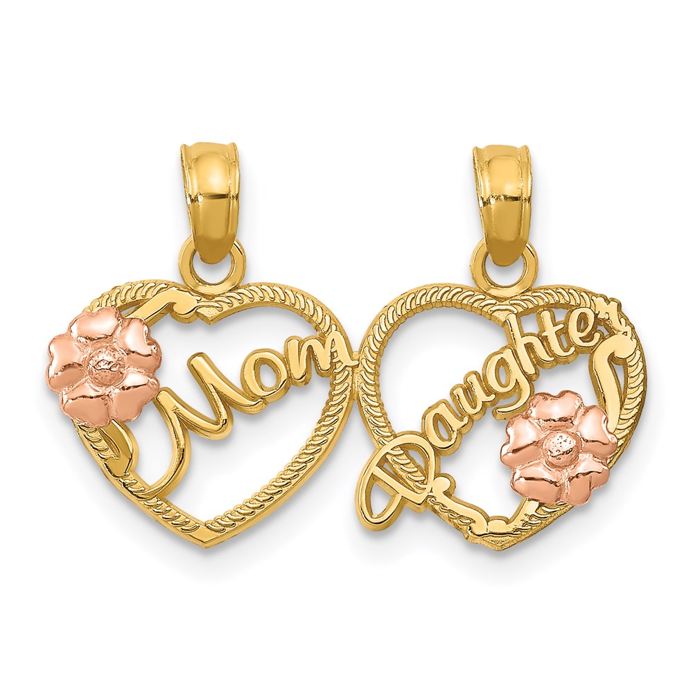 14k Two Tone Gold Mom, Daughter Set of 2 Heart Pendant, 12mm, Item P26219 by The Black Bow Jewelry Co.