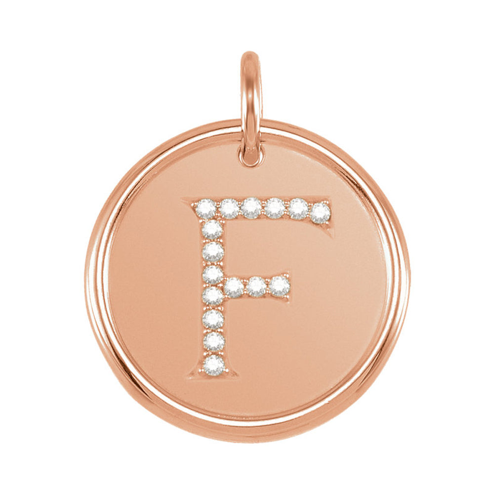 14k Rose Gold & .08 Ctw Diamond Initial F Disc Pendant, 17mm (5/8 in), Item P26360-F by The Black Bow Jewelry Co.
