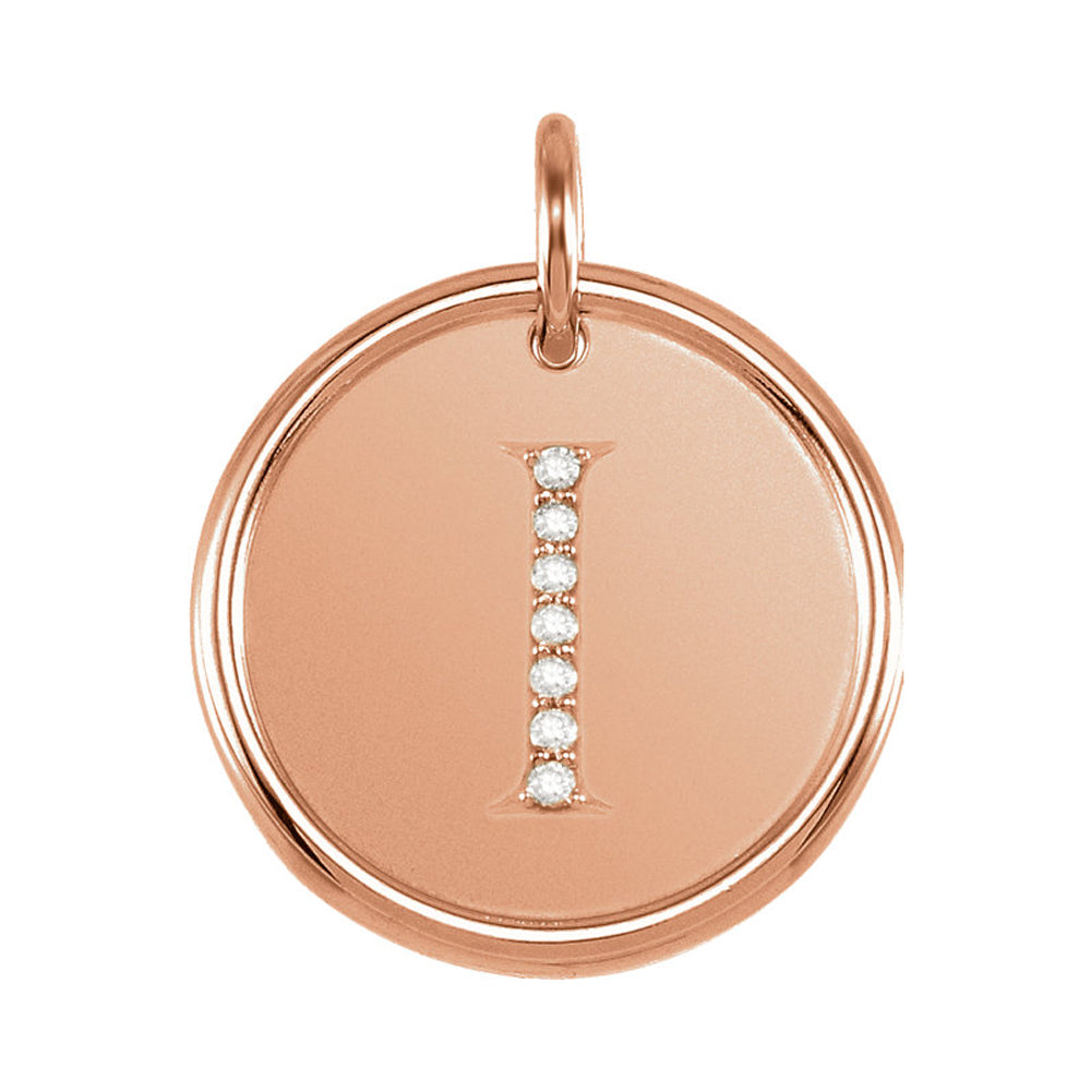 14k Rose Gold & .035 Ctw Diamond Initial I Disc Pendant, 17mm (5/8 in), Item P26360-I by The Black Bow Jewelry Co.