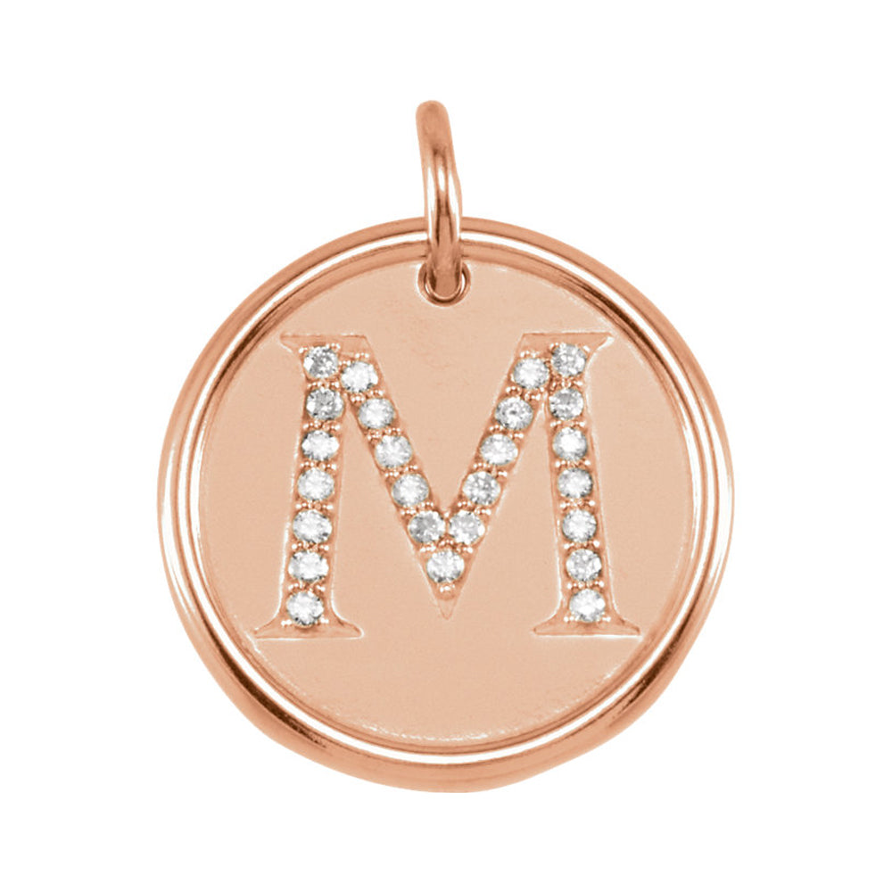 14k Rose Gold & 1/8 Ctw Diamond Initial M Disc Pendant, 17mm (5/8 in), Item P26360-M by The Black Bow Jewelry Co.
