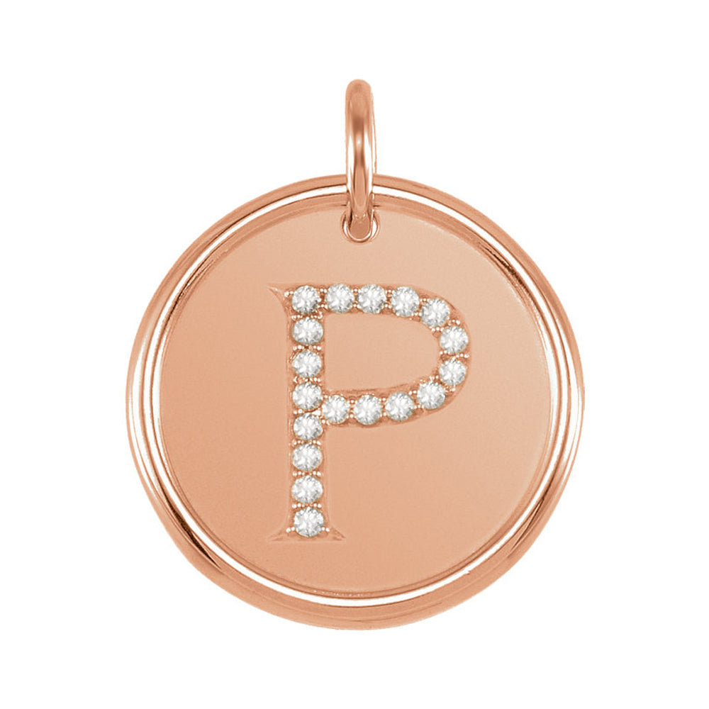 14k Rose Gold & 1/10 Ctw Diamond Initial P Disc Pendant, 17mm (5/8 in), Item P26360-P by The Black Bow Jewelry Co.