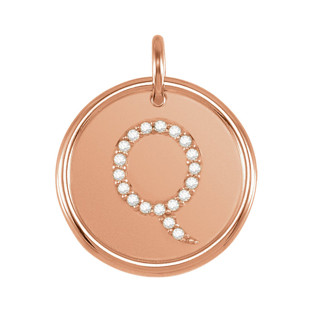 14k Rose Gold & 1/10 Ctw Diamond Initial Q Disc Pendant, 17mm (5/8 in), Item P26360-Q by The Black Bow Jewelry Co.