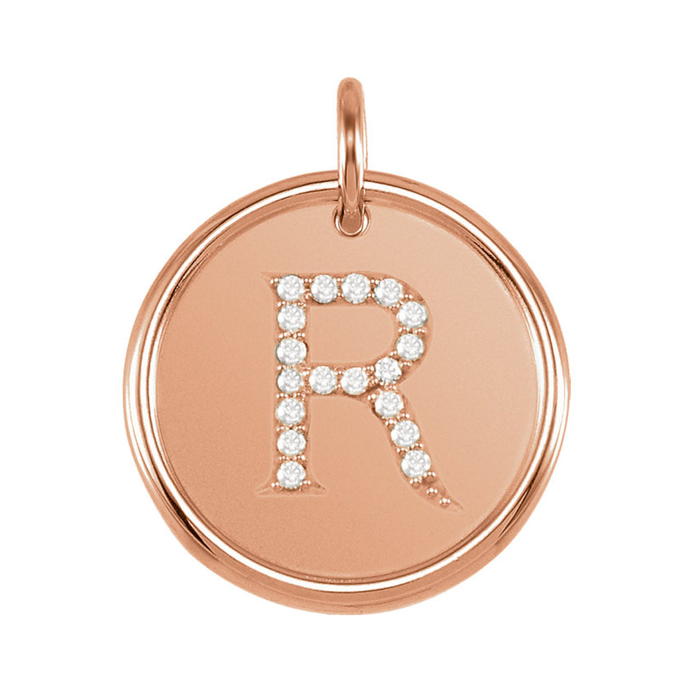 14k Rose Gold & 1/10 Ctw Diamond Initial R Disc Pendant, 17mm (5/8 in), Item P26360-R by The Black Bow Jewelry Co.