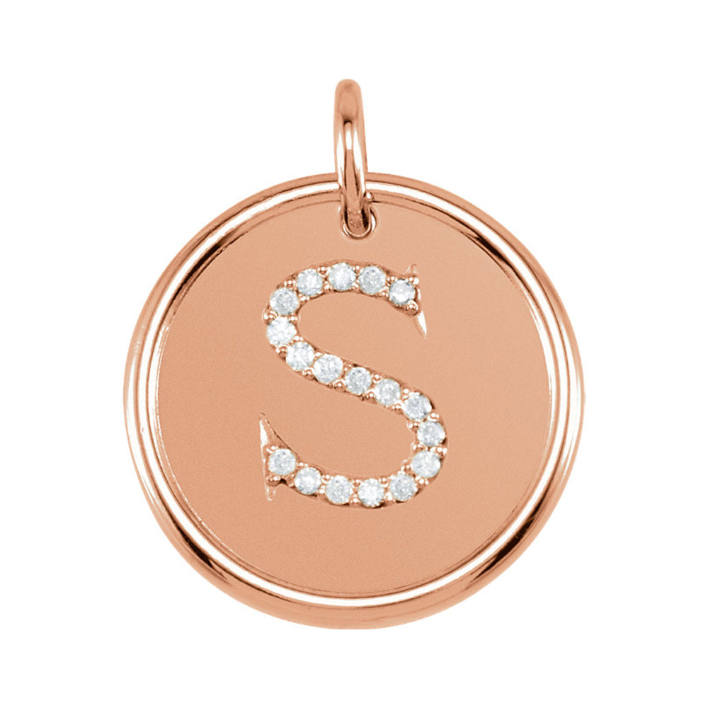 14k Rose Gold & 1/10 Ctw Diamond Initial S Disc Pendant, 17mm (5/8 in), Item P26360-S by The Black Bow Jewelry Co.