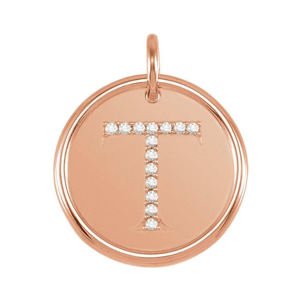 14k Rose Gold & 1/15 Ctw Diamond Initial T Disc Pendant, 17mm (5/8 in), Item P26360-T by The Black Bow Jewelry Co.