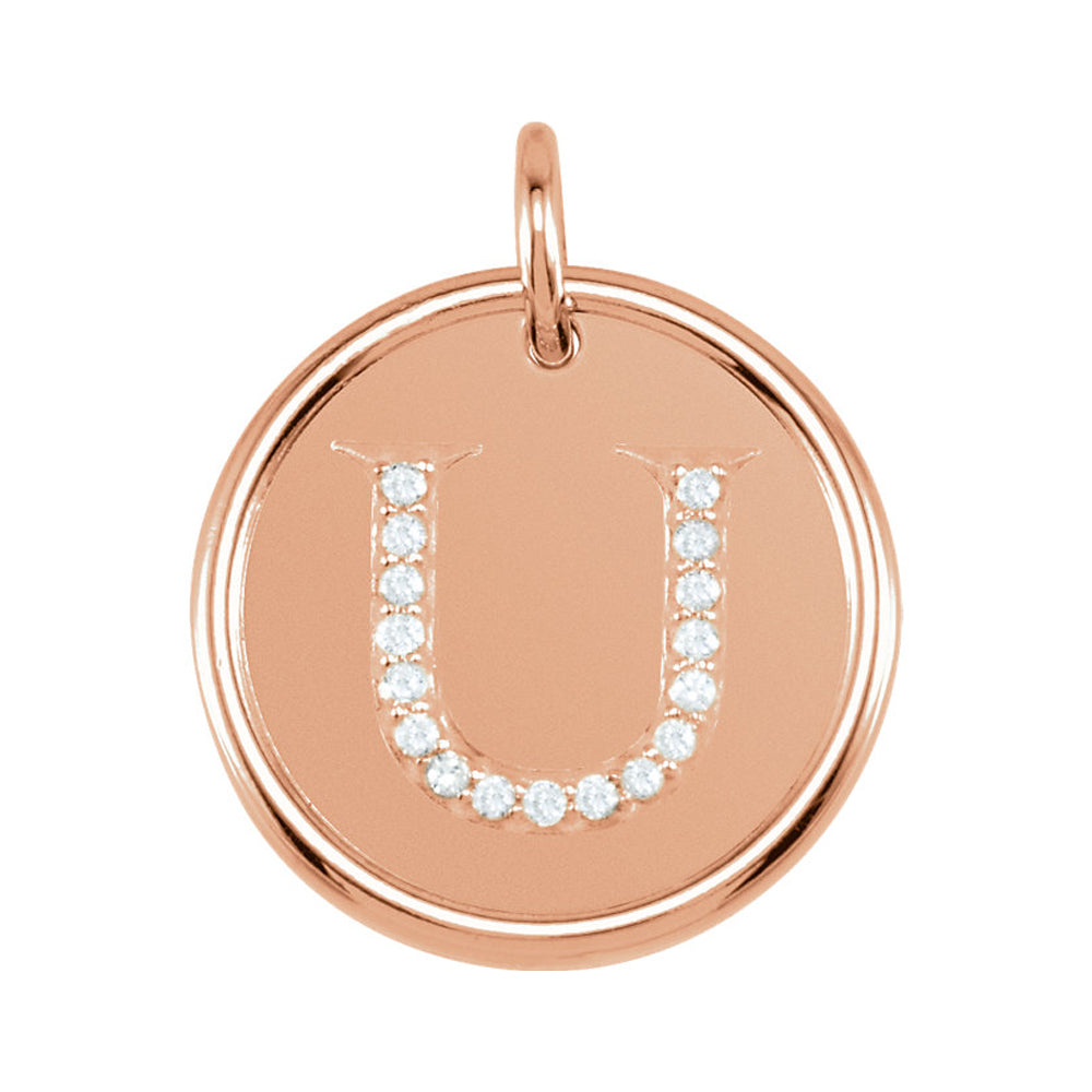 14k Rose Gold & .085 Ctw Diamond Initial U Disc Pendant, 17mm (5/8 in), Item P26360-U by The Black Bow Jewelry Co.