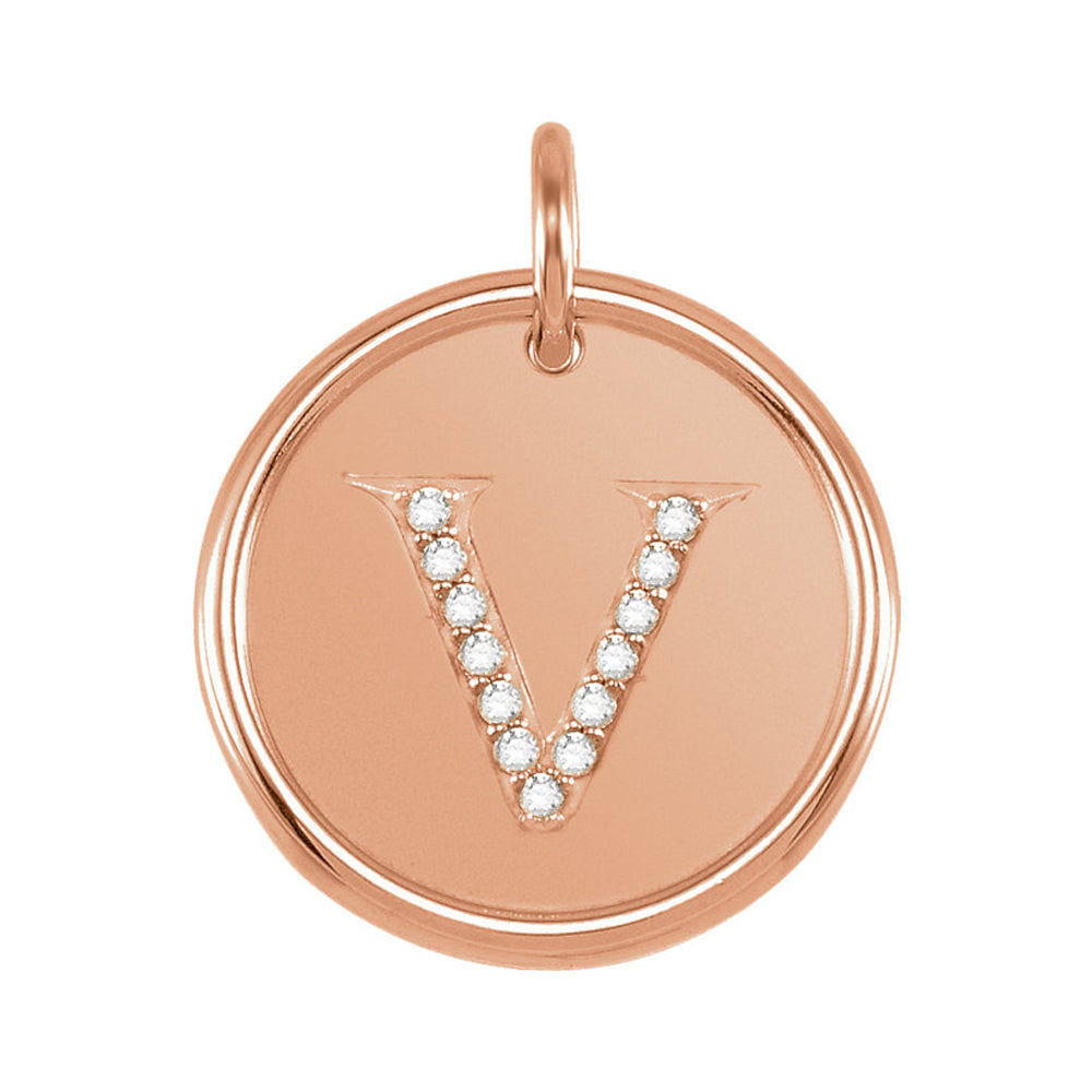 14k Rose Gold & 1/15 Ctw Diamond Initial V Disc Pendant, 17mm (5/8 in), Item P26360-V by The Black Bow Jewelry Co.