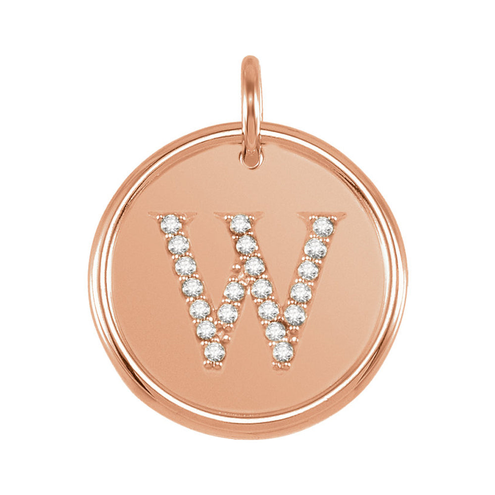 14k Rose Gold & 1/10 Ctw Diamond Initial W Disc Pendant, 17mm (5/8 in), Item P26360-W by The Black Bow Jewelry Co.
