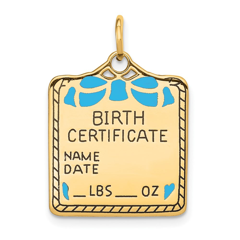 14k Yellow Gold & Blue Enamel Birth Certificate Charm or Pendant, Item P26361 by The Black Bow Jewelry Co.