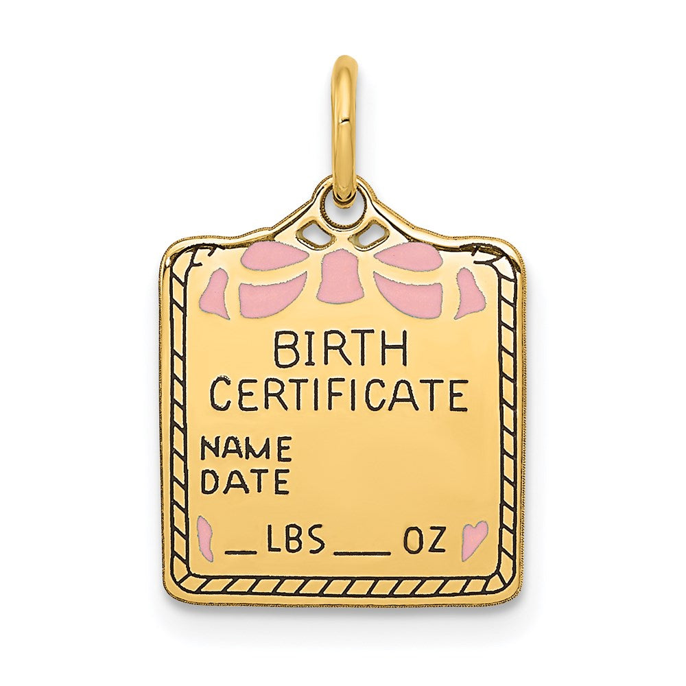14k Yellow Gold & Pink Enamel Birth Certificate Charm or Pendant, 13mm, Item P26362-15 by The Black Bow Jewelry Co.