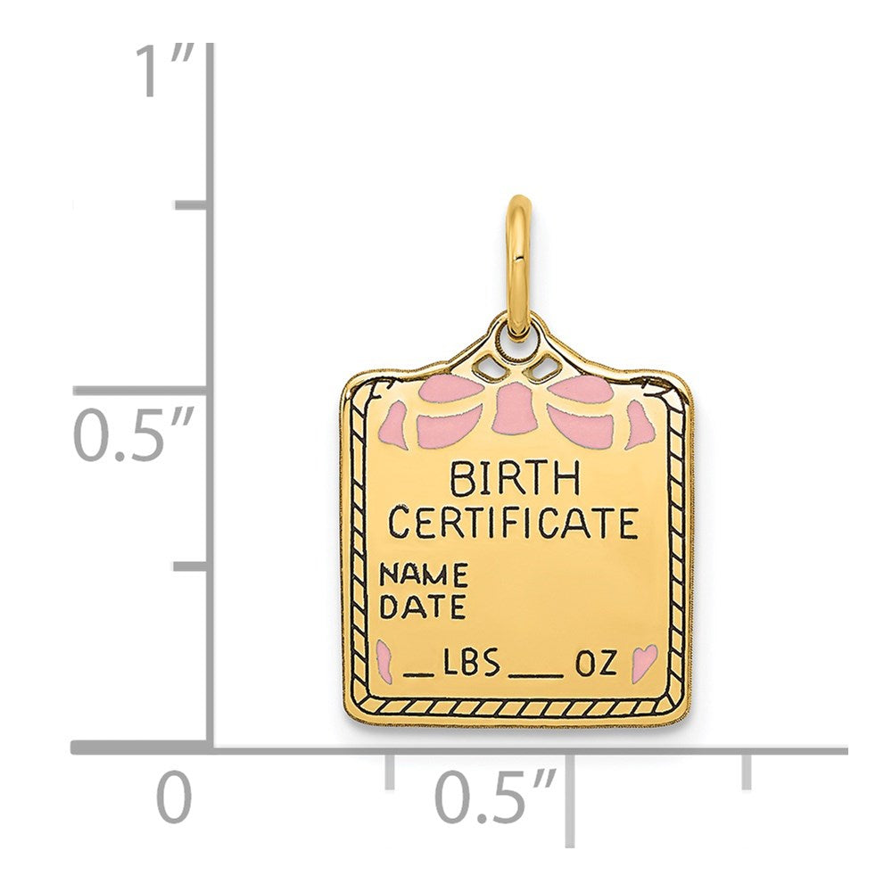Alternate view of the 14k Yellow Gold & Pink Enamel Birth Certificate Charm or Pendant, 13mm by The Black Bow Jewelry Co.