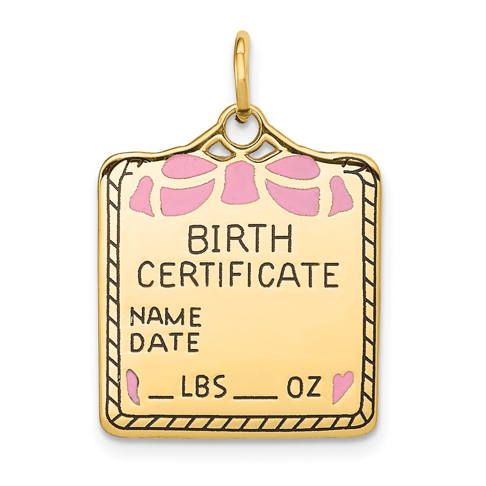 14k Yellow Gold & Pink Enamel Birth Certificate Charm or Pendant, 18mm, Item P26362-21 by The Black Bow Jewelry Co.