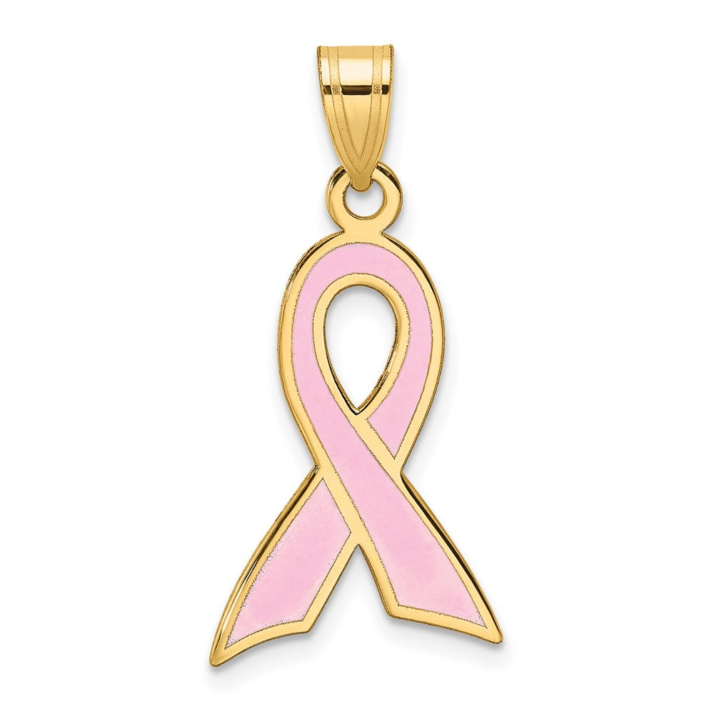 14k Yellow Gold & Pink Enamel Awareness Ribbon Pendant, 15 x 29mm, Item P26367-29 by The Black Bow Jewelry Co.