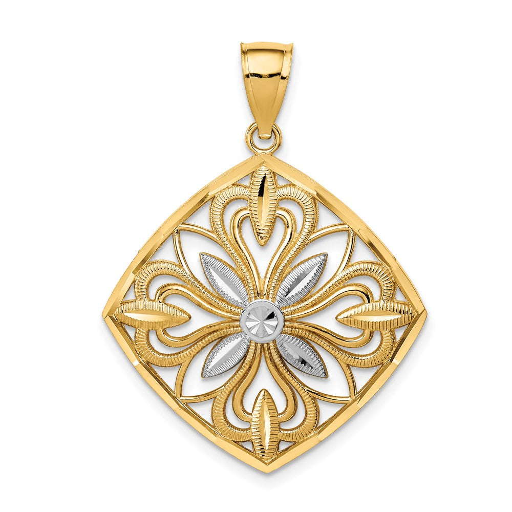 14k Yellow Gold & White Rhodium Fancy Square Pendant, 28mm (1 1/8 in), Item P26368-36 by The Black Bow Jewelry Co.