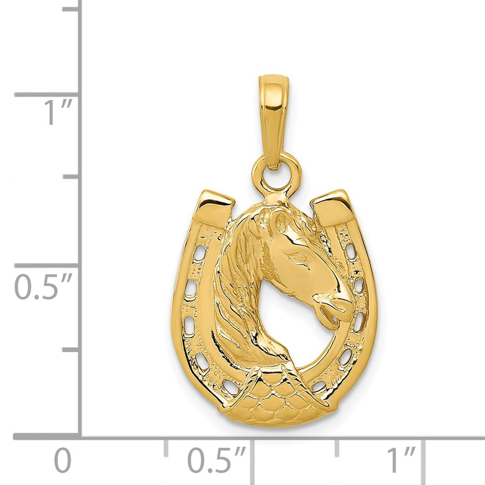 Alternate view of the 14k Yellow Gold Horse Head and Horseshoe Pendant, 15mm by The Black Bow Jewelry Co.