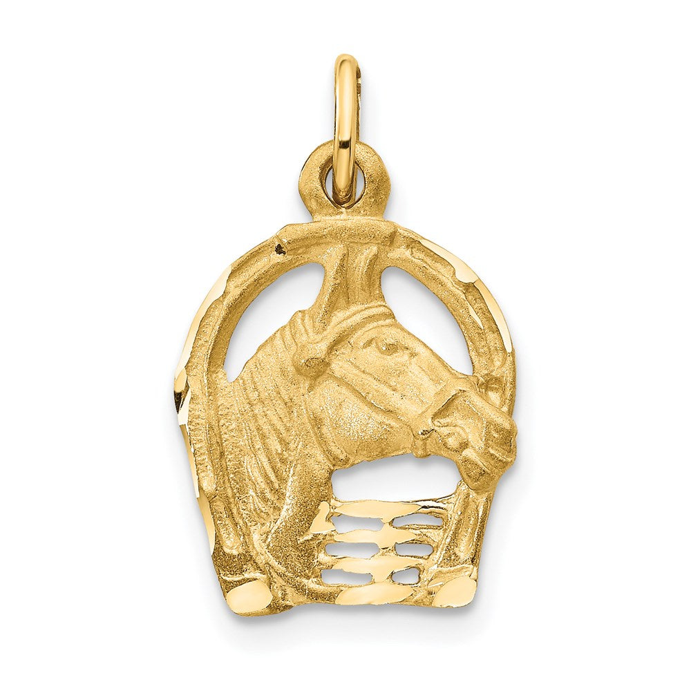 14k Yellow or White Gold Horse Head & Horseshoe Charm or Pendant, 13mm