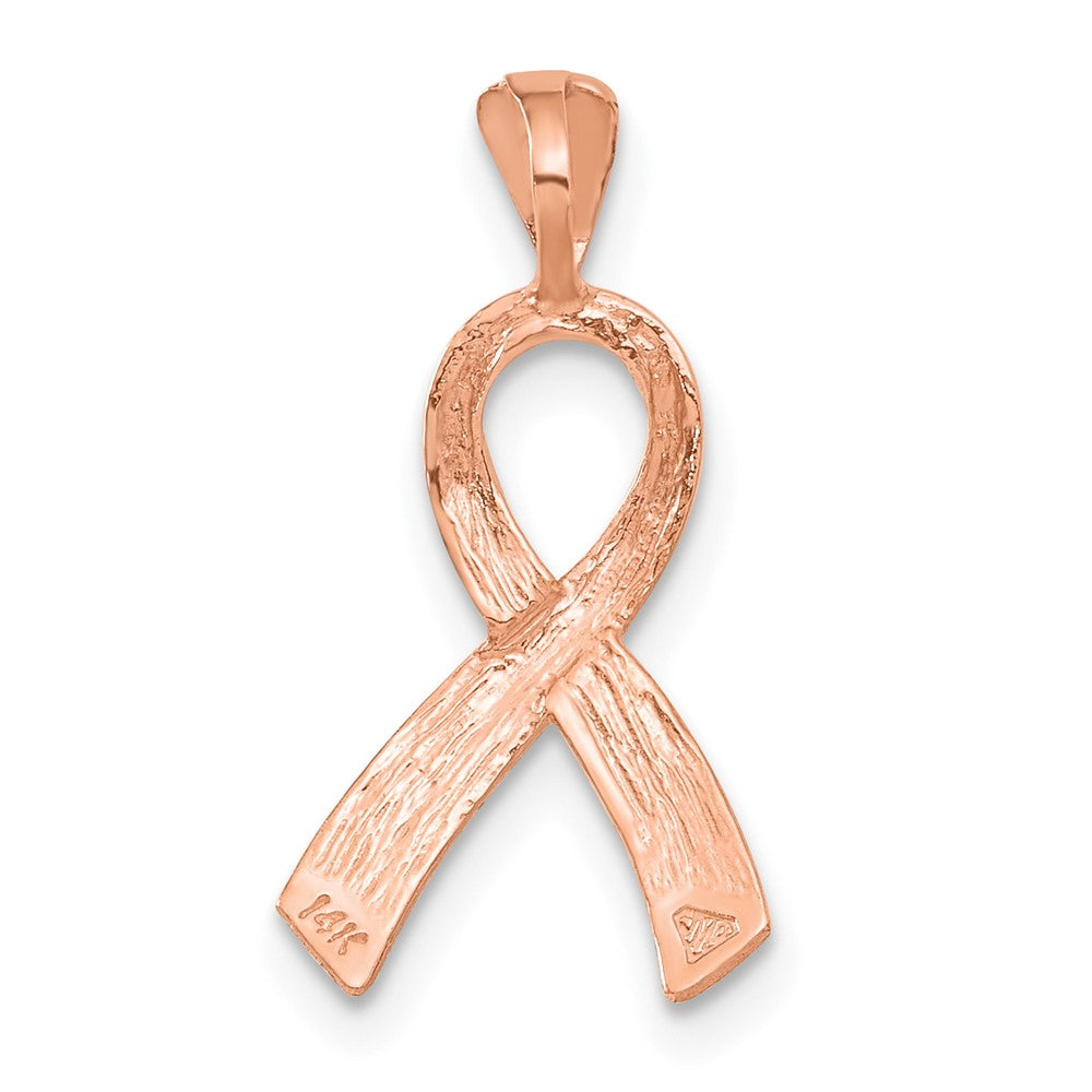 Alternate view of the 14k Rose Gold Satin & Diamond Cut Awareness Ribbon Pendant, 12mm by The Black Bow Jewelry Co.